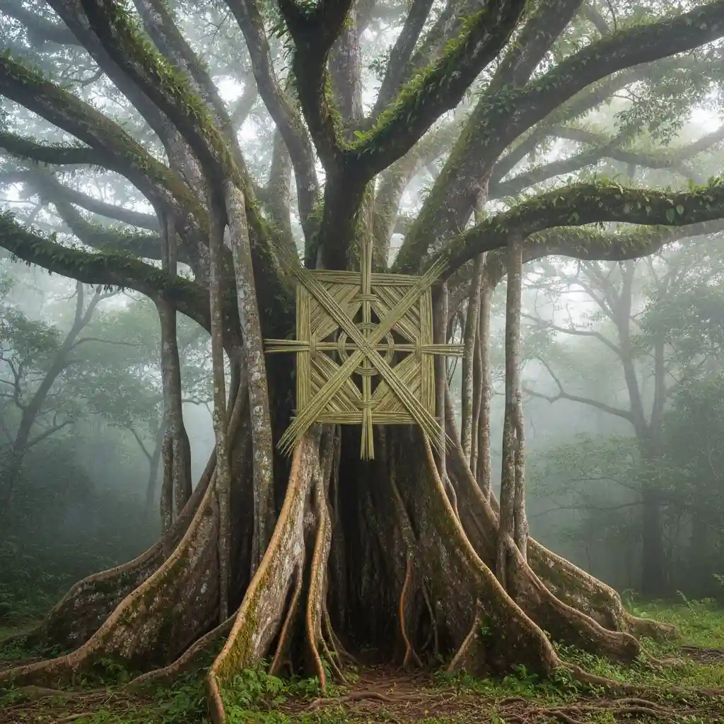 Sacred Banyan tree with Taboo markers in Vanuatu