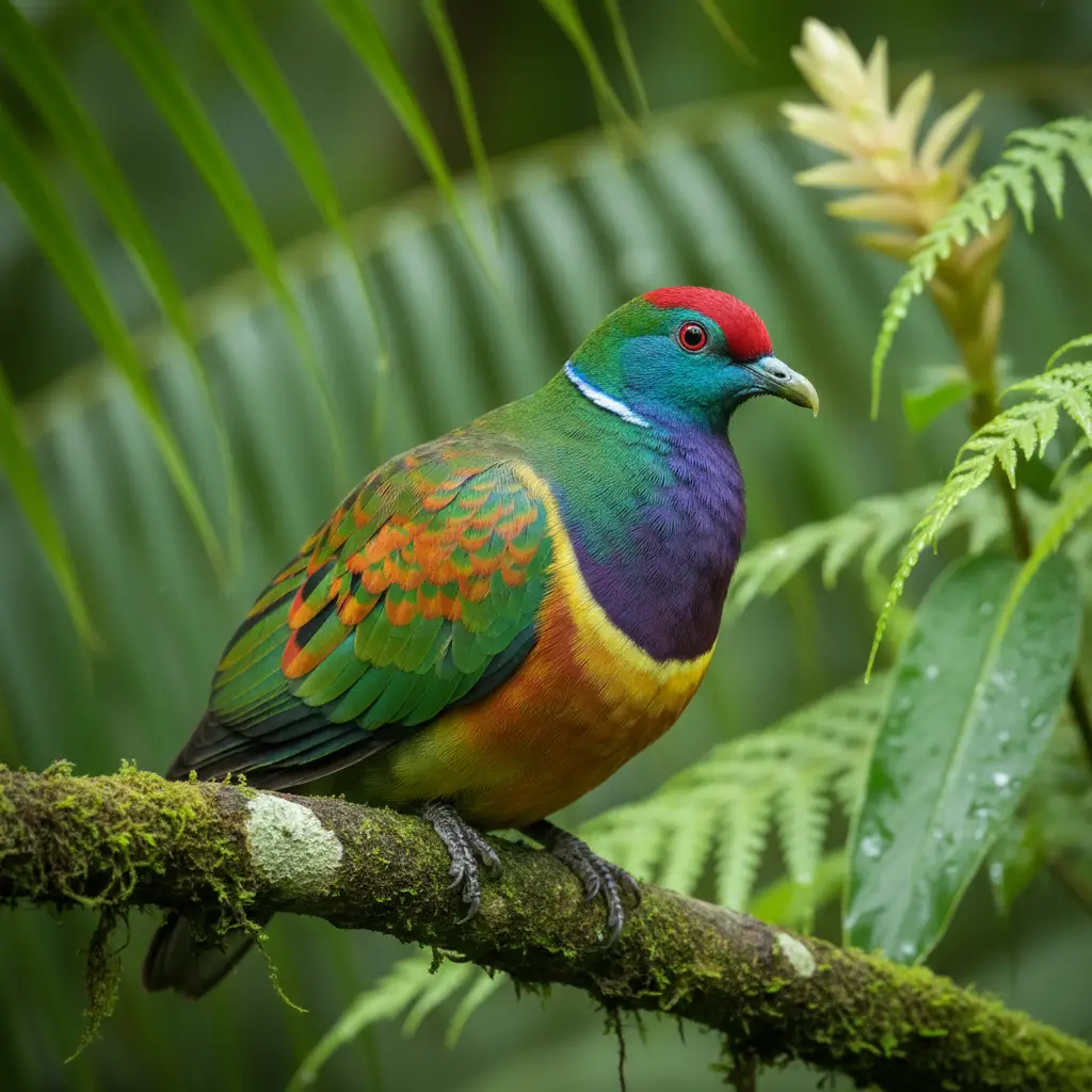 Endemic Tanna Fruit Dove in a Vanuatu rainforest, representing unique wildlife