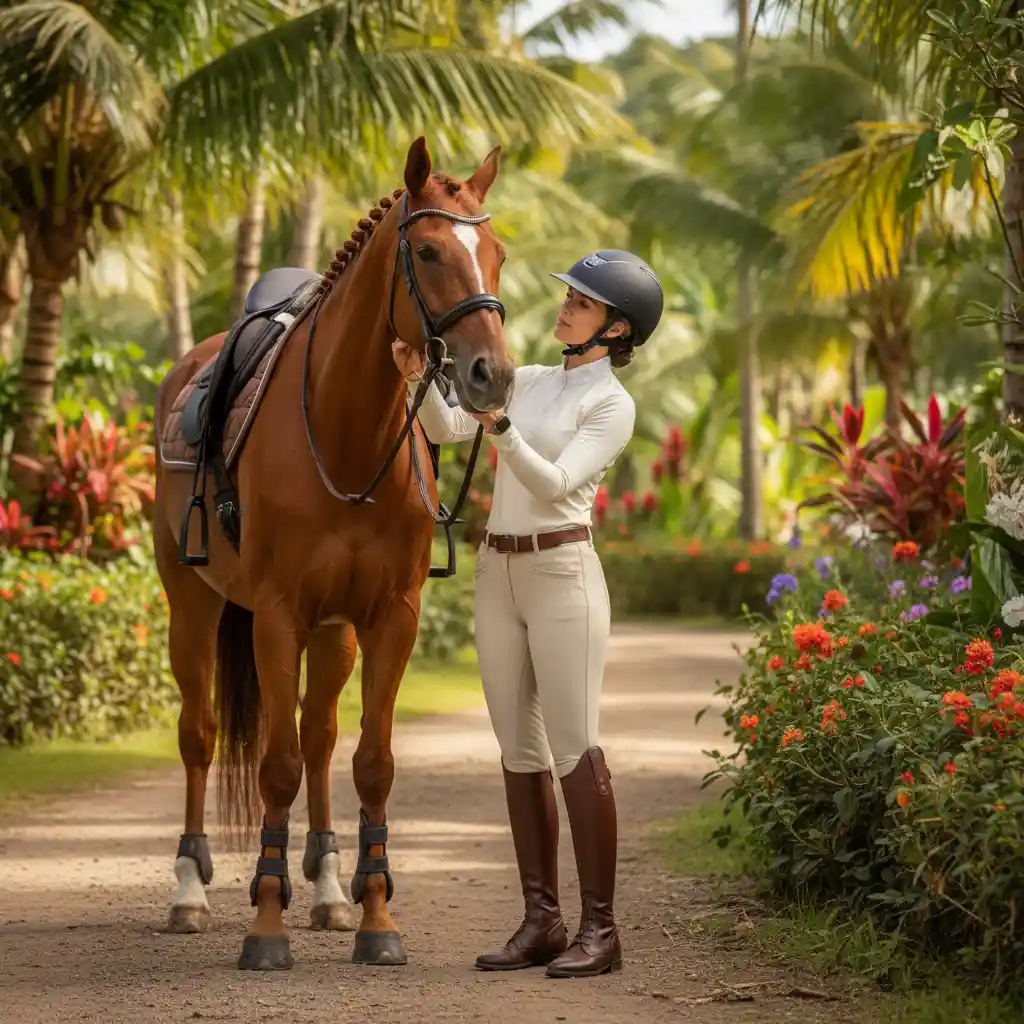 Woman preparing a horse for a trail ride in Vanuatu