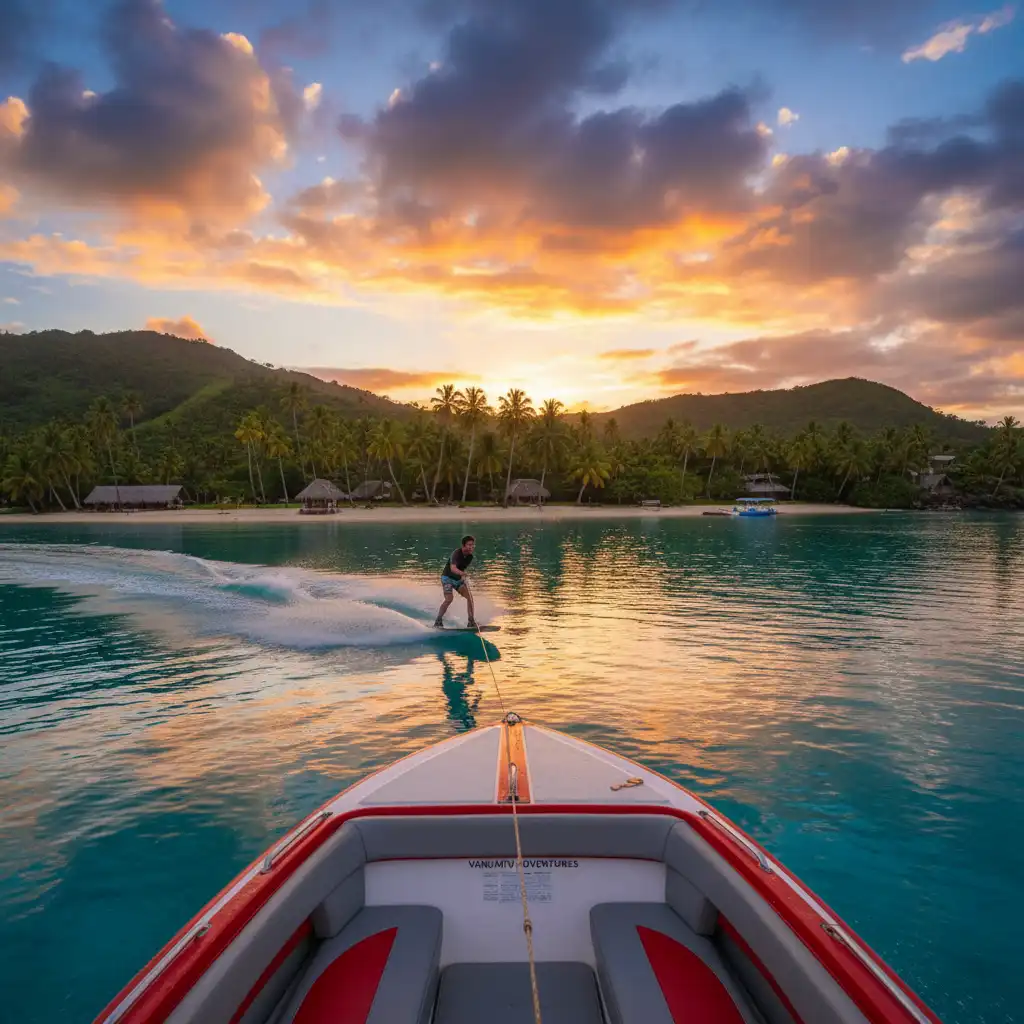 Wakeboarder enjoying the smooth waters near a Vanuatu beach