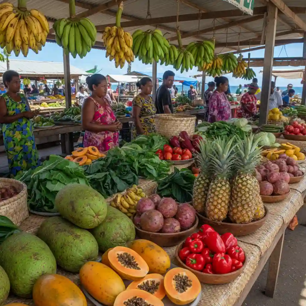 Abundance of fresh tropical fruits and vegetables at a Vanuatu market