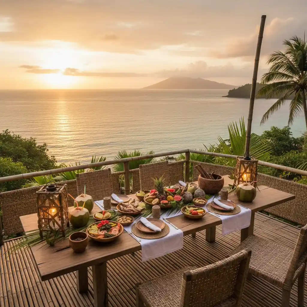 Outdoor dining at a Vanuatu eco resort with local food and ocean view
